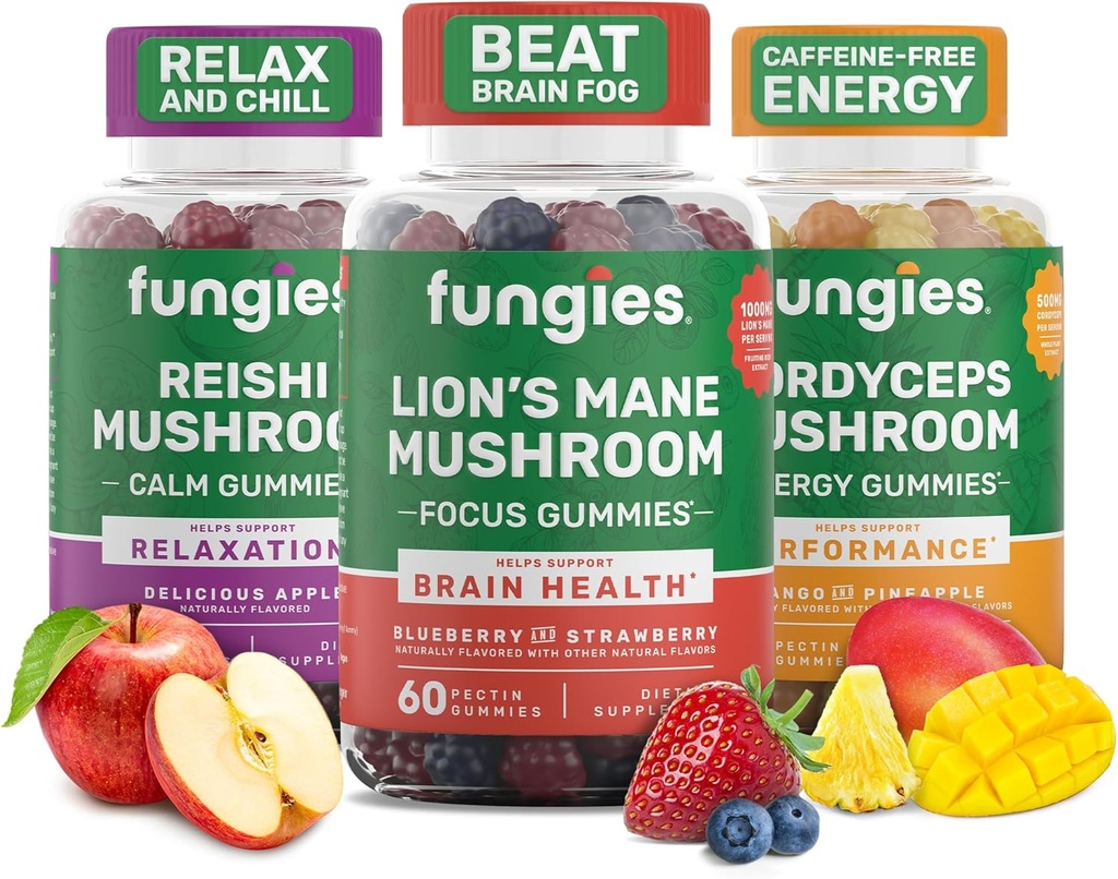 Fungies Mushroom Gummy 3-Pack Bundle, Lion's Mane, Cordyceps & Reishi Gummies for Adults - Mushroom Gummies apoya la salud cerebral, Gut Health, Energy & Daily Wellness - 180 Servimientos