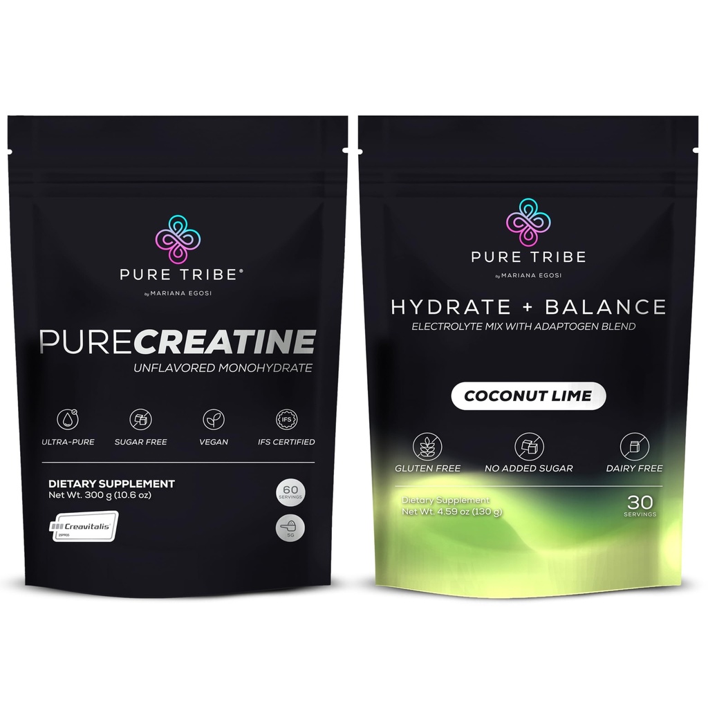 PURE TRIBE PureCreatine Micronized Creatine Monohydrate Powered by Creavitalis – Hydrate + Balance Electrolytes Powder Packets for Energy, Recovery, & Hydration – Vegan & Sugar-Free