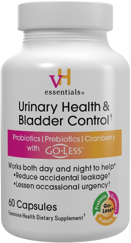 VH esencial Control de la vejiga, Extracto de Arándano, Prebióticos y Probióticos, Soporte de Salud Femenino de 24 horas, Reduce el Leakage Ocasional, apoya la salud vaginal, 60 cápsulas