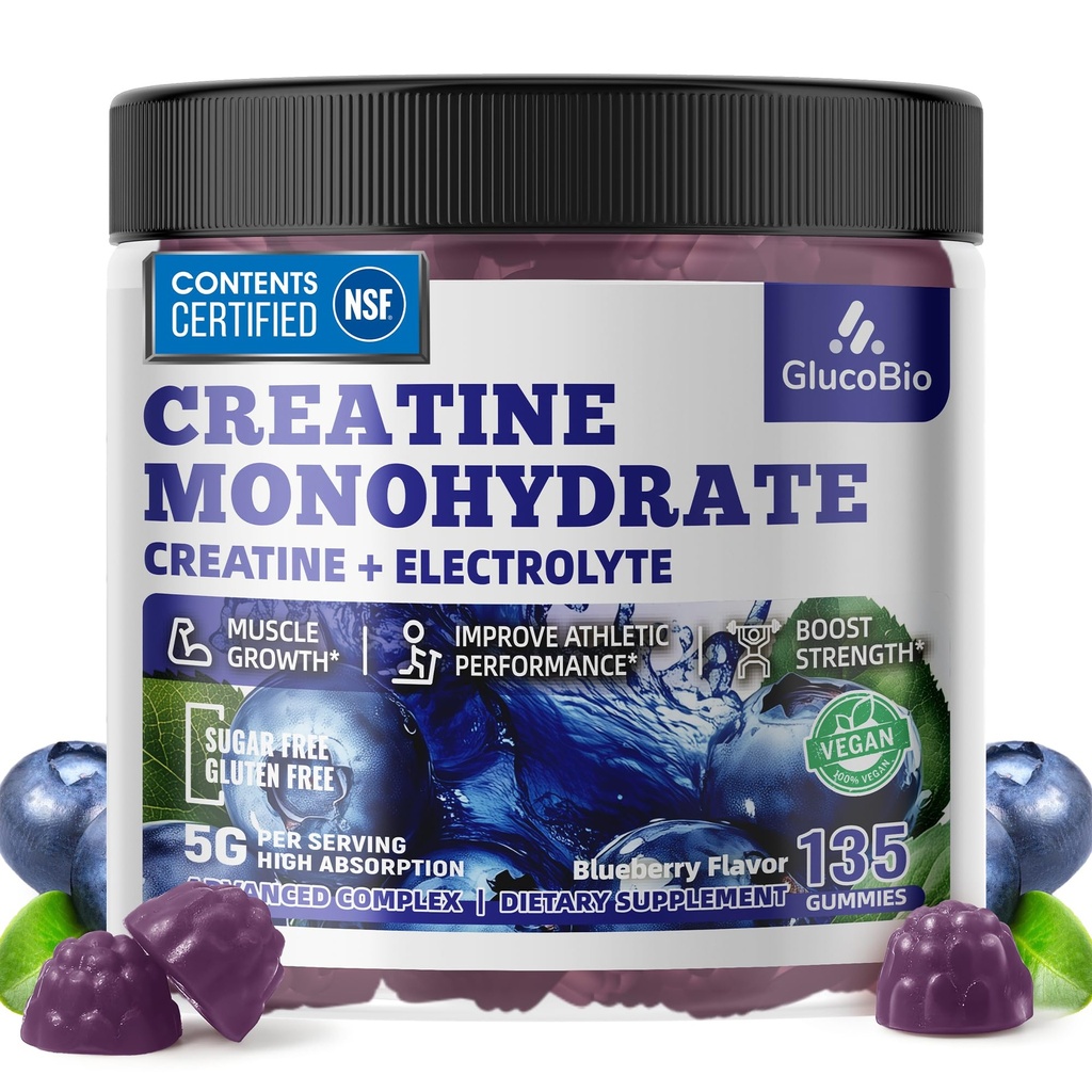 Creatine Monohydrate Gummies (5g) – Pre-Workout Energy & Muscle Growth Support for Men & Women | Blueberry Electrolyte Gummies (135 Count)