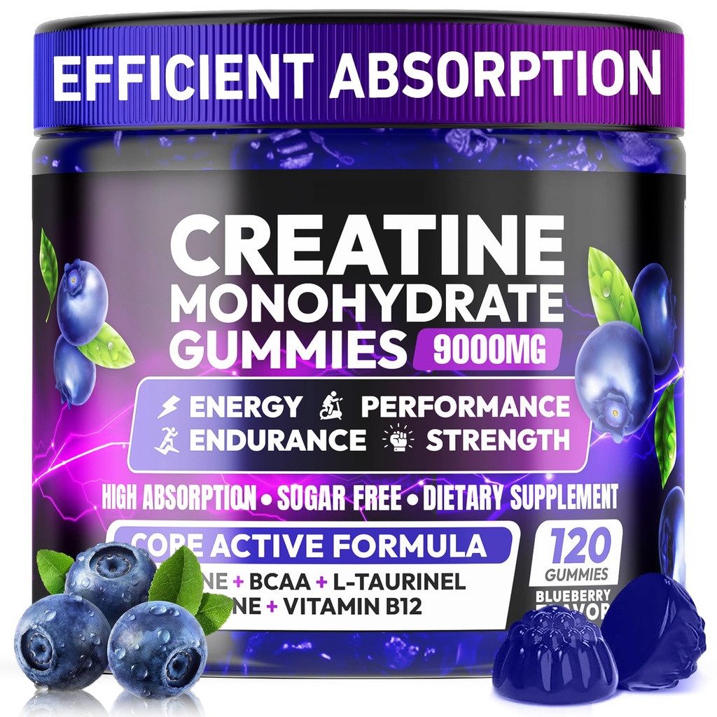 Creatine Gummies Monohydrate Complex for Men & Women, 9000MG Creatine Pre-Workout Supplement Enhance Muscle Strength Recovery Cognitive Health & Memory, 120 Gummies Sugar Free Vegan Non-GMO