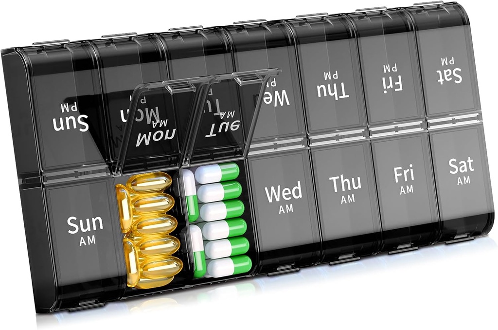 XL Gran organizador semanal de píldoras 2 veces al día, Extra Big 7 Day Pill Box Am Pm, Daily Pill Case Medicine Organizer with 14 Compartments, Day Night Pill Container for Fish Oils, Vitamina, Suplemento