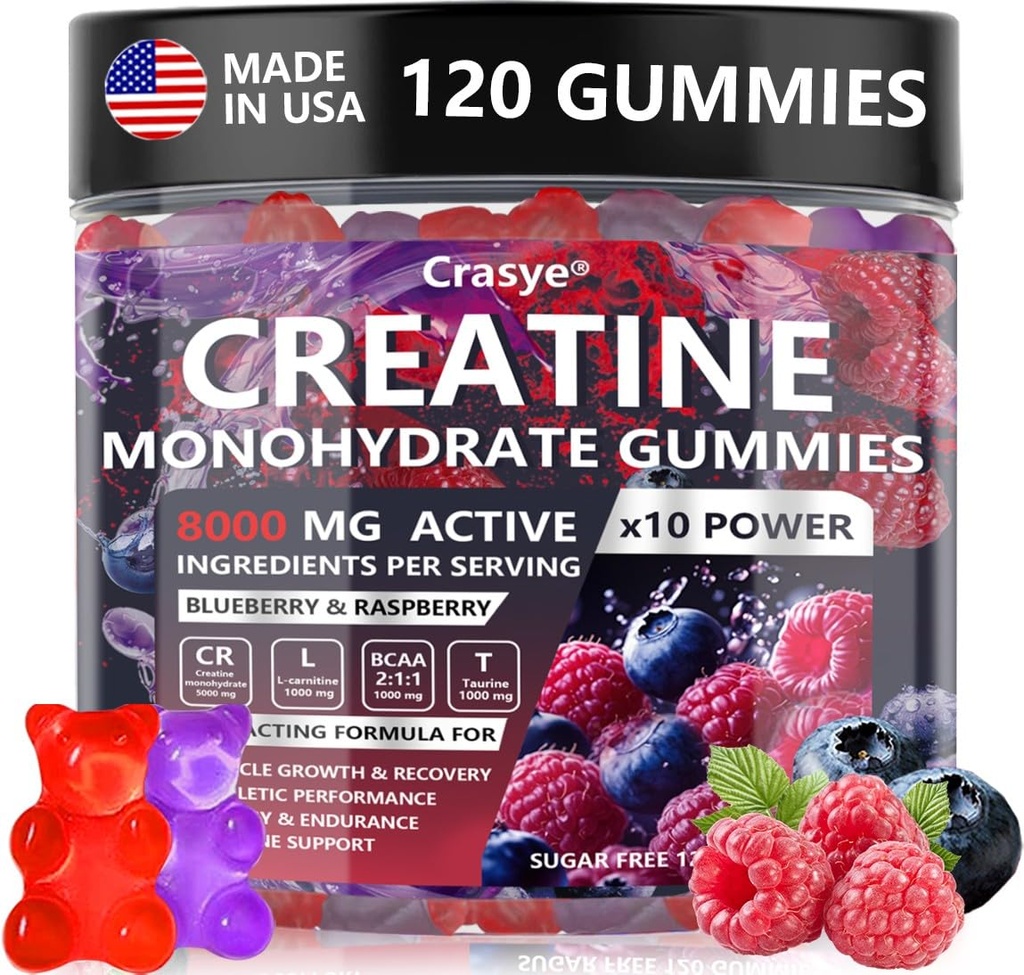 Creatine Gummies Complex 8000mg for Men and Women Creatine Monohydrate Gummy with BCAA Taurine for Muscle Strength and Energy Boost Sugar Free Pre-Workout Supplement - 120 Gummies