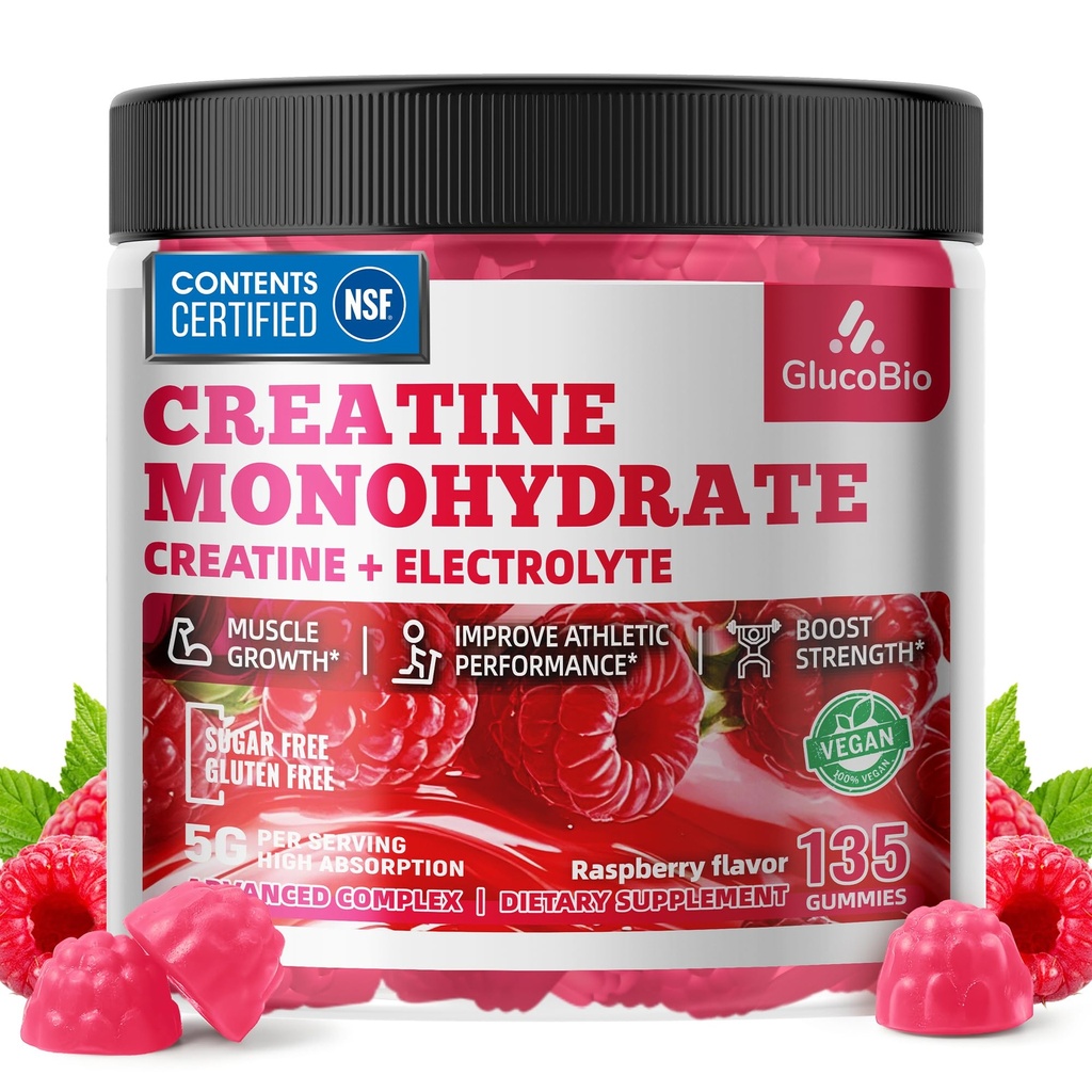 Creatine Monohydrate Gummies (5g) – Pre-Workout Energy & Muscle Growth Support for Men & Women | Raspberry Electrolyte Gummies (135 Count)