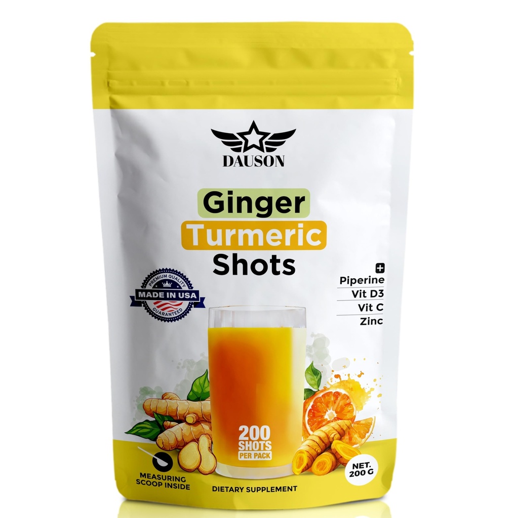 Ginger Turmeric Supplements with Piperine, Vitamin C, Vitamin D3 & Zinc | Shots for Joint, Heart, Brain, Gut & Skin Health | Ayurved | Powder (200 Shots, Ginger)