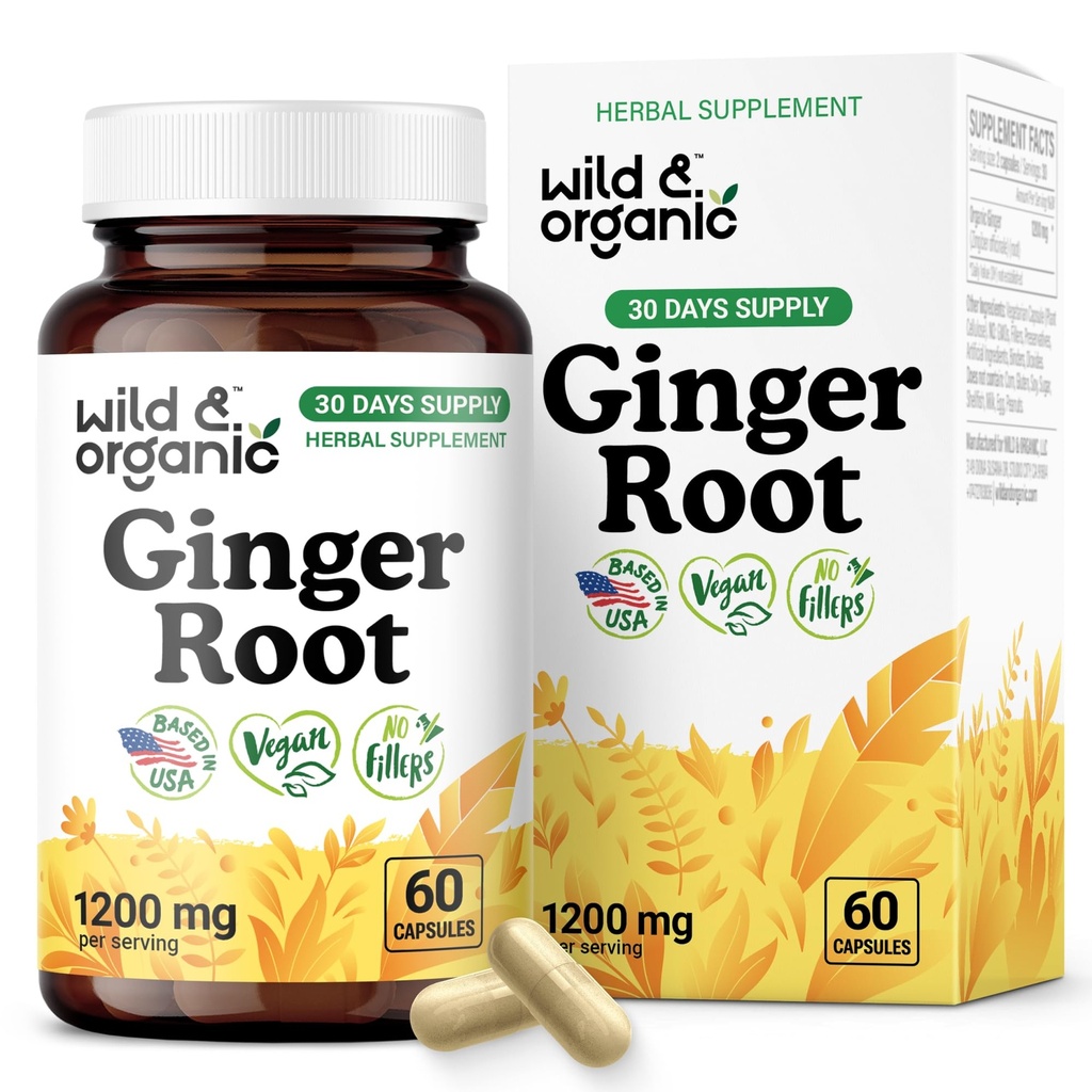 Wild & Organic Ginger Root Capsules 1200 mg - Immune & Digestive Support - Natural Ginger Supplements - Zingiber Officinale Powder - 30 Days of Supply - Vegan, No Fillers, Non-GMO - 60 Count