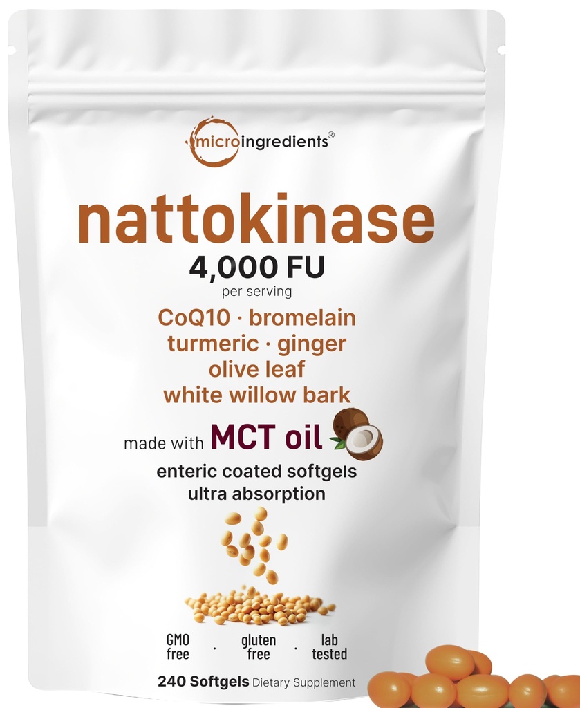 Micro Ingredients Nattokinase 240 Softgels, 200mg (4,000 FU) Per Serving | 7-in-1 Ultra Absorption Cardiovascular Supplement with CoQ10, Bromelain, Turmeric, Ginger, Olive Leaf, & White Willow Bark