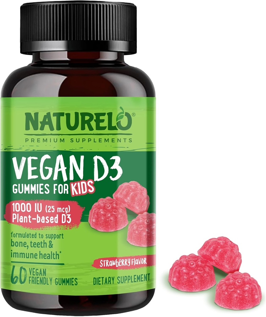 NATURELO Vegan D3 Gummies for Kids - 1000 UI Vitamina D3 - Suplemento alimenticio integral basado en plantas para niños 4 y más viejos - 60 Gummies Vegan-Friendly