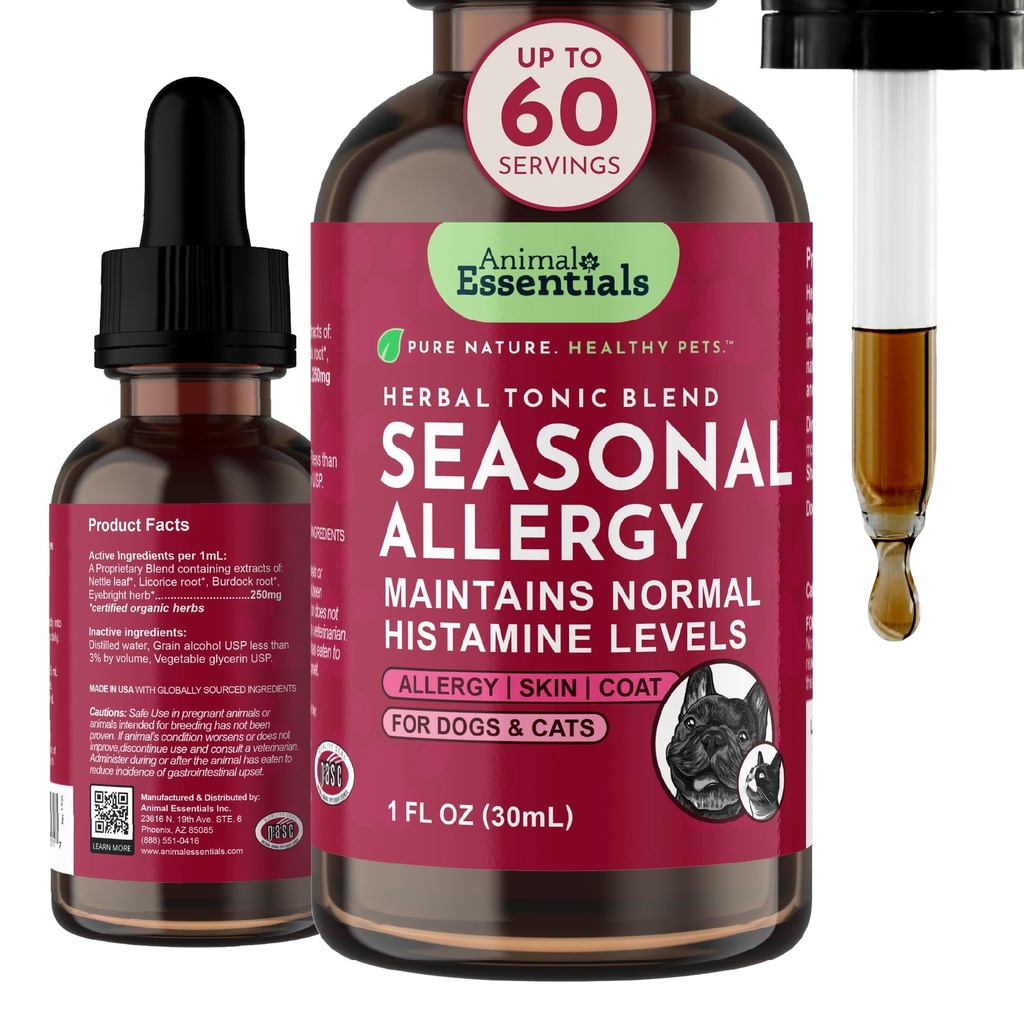 Esenciales de animales Alergia estacional- Fórmula herbal para perros &amp; gatos para Alivio de Alergia Ocasional, Sabor dulce, Herbs 100% orgánicos de Grado Humano, Tonicas de bienestar animal recomendado veterinario - 1 Fl Oz