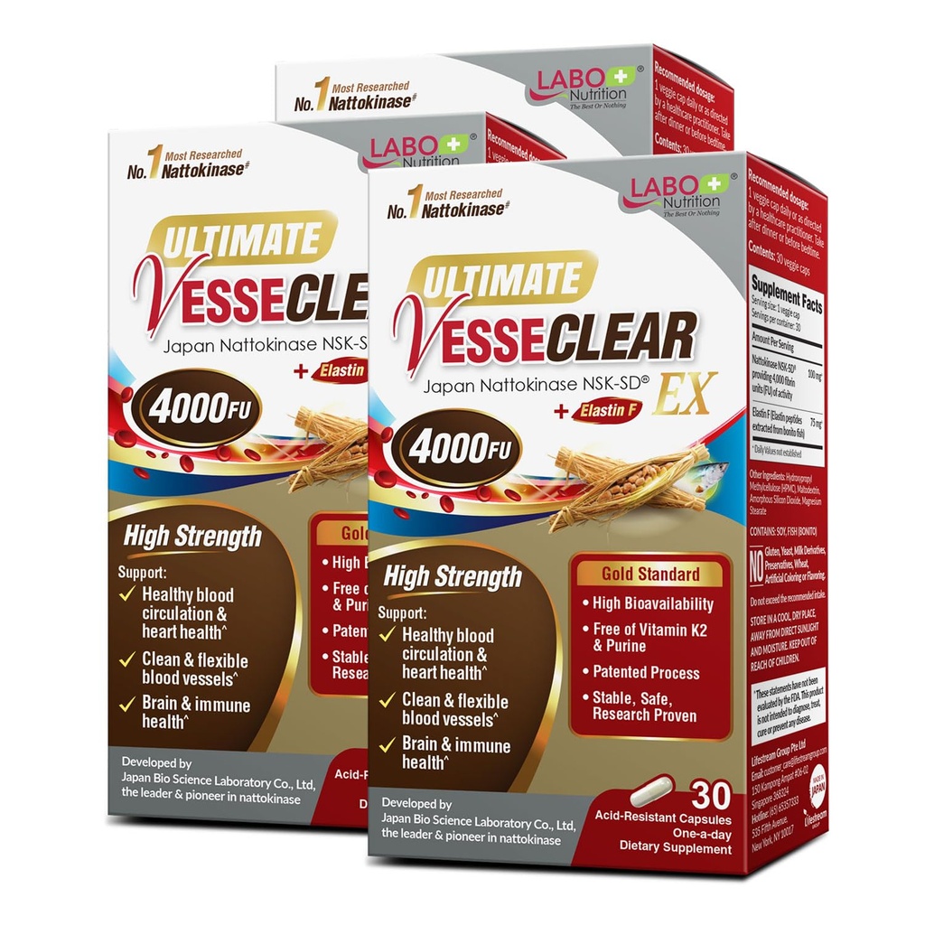 LABO Nutrition Ultimate VesseCLEAR EX Nattokinase NSK-SD 4000FU & Elastin F, Vessel Circulation & Brain Health Support, Japanese Supplement Shelf Stable Acid Resistant DRCaps Delayed Release x3