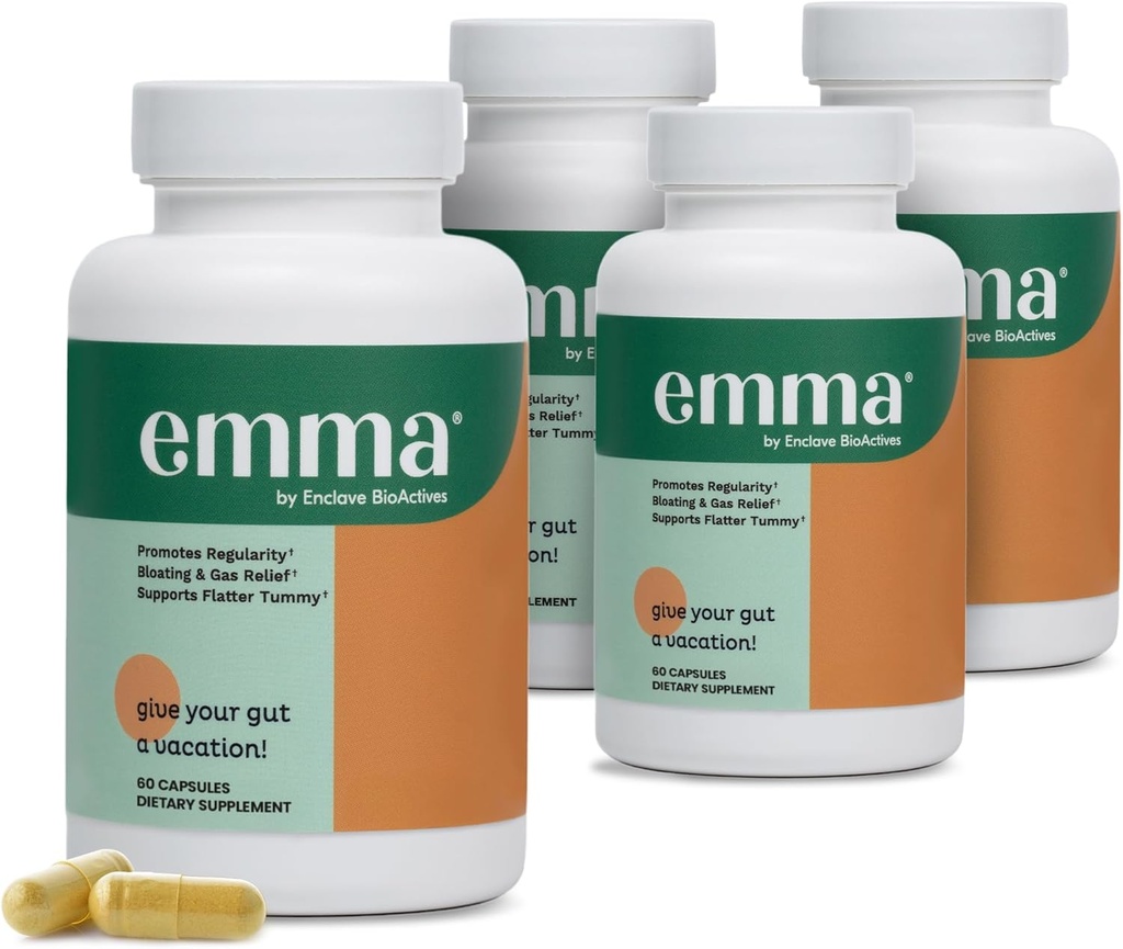 Emma Gut Health - 4 Pack - Gas and Bloating Relief, Constipation, Leaky Gut Repair - Gut Cleanse & Restore Digestion - Regulate Bowel Movement. Probióticos y Alternativa Laxante, 240 cápsulas