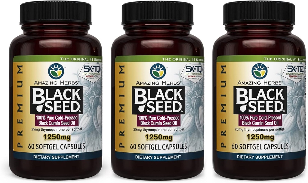 Increíble Herbs Premium Black Seed Oil Capsules - High Potency, Cold Pressed Nigella Sativa Aids in Digestive Health, Immune Support &amp; Brain Function - 60 Conde, 1250mg (Pack of 3)