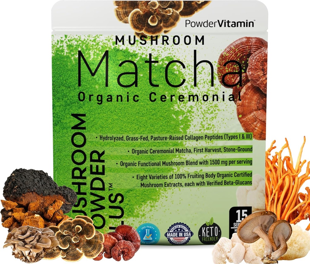 PowderVitamin Organic Mushroom Matcha Powder Certified Pesticide-Free Grasss-Fed Collagen Types I & III, 8 Fruiting Body Mushrooms Tested for Beta-Glucans Focus Digestion & Immunity 15 Servings