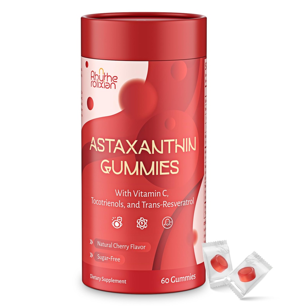 Astaxanthin 12mg Gummies Supplements with Vitamin C, Tocotrienols & Resveratrol – Zero Sugar Cherry Gummy Antioxidant, Plant-Based, 60 Count