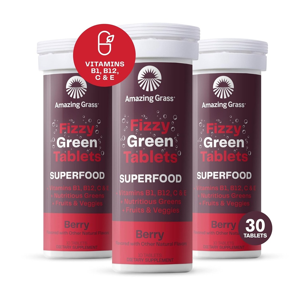Increíble Grass Fizzy Green Tablets Superfood: Green Superfood Water Flavoring Tablet with Antioxidants & Alkalizing Greens, Berry, 10 Count (Pack of 3)