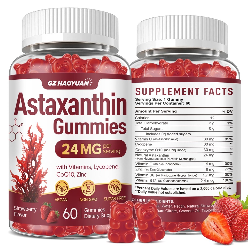 Astaxanthin Gummies 24mg Per Serving, Astaxanthin Supplement with Lycopene, Vitamins & CoQ10 for Antioxidant, Eye, Skin & Immune Support, Sugar Free, Vegan, Strawberry Flavor, 60 Count