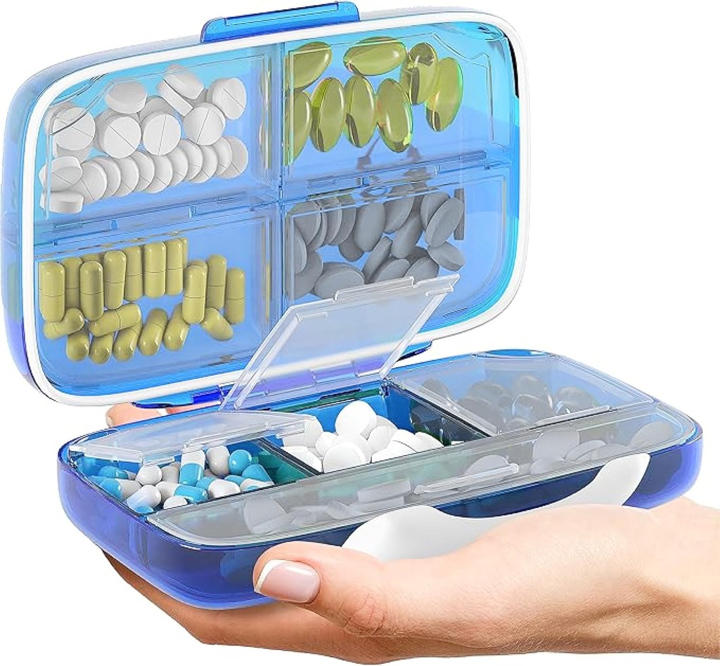 Organizador de píldoras de viaje - Airtight Medicine Case for Traveling Portable Pharmacy Box with Labels Vitamin Container 8 Compartment Supplement Medication Holder Large Capacity Daily (Blue)