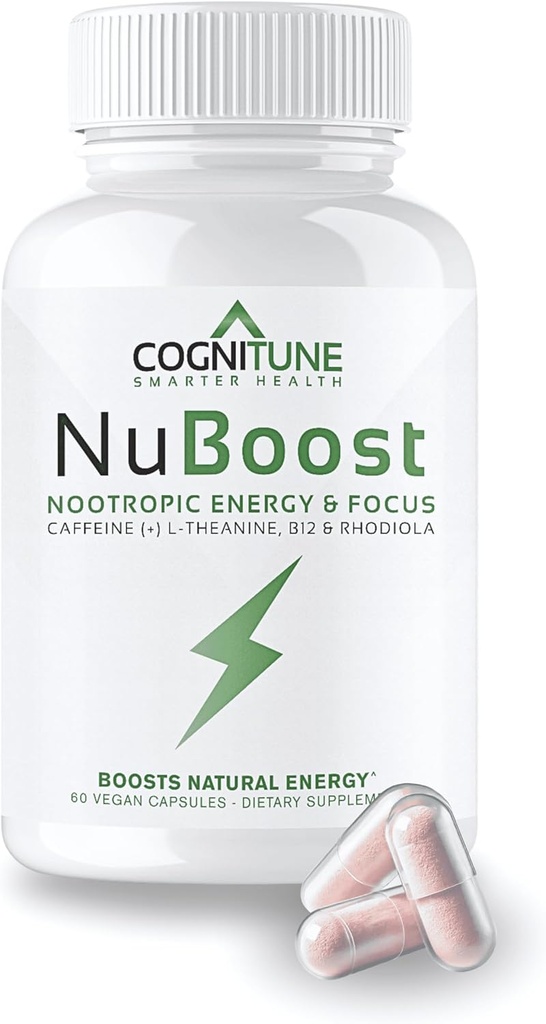 CogniTune NuBoost Energy & Focus Brain Supplement, Caffeine L-Theanine, Vitamina B12, Rhodiola + BioPerine, No Crash, Jitter Free 100mg Caffeine Pills, Clean Nootropic Brain Booster, 60 Ct