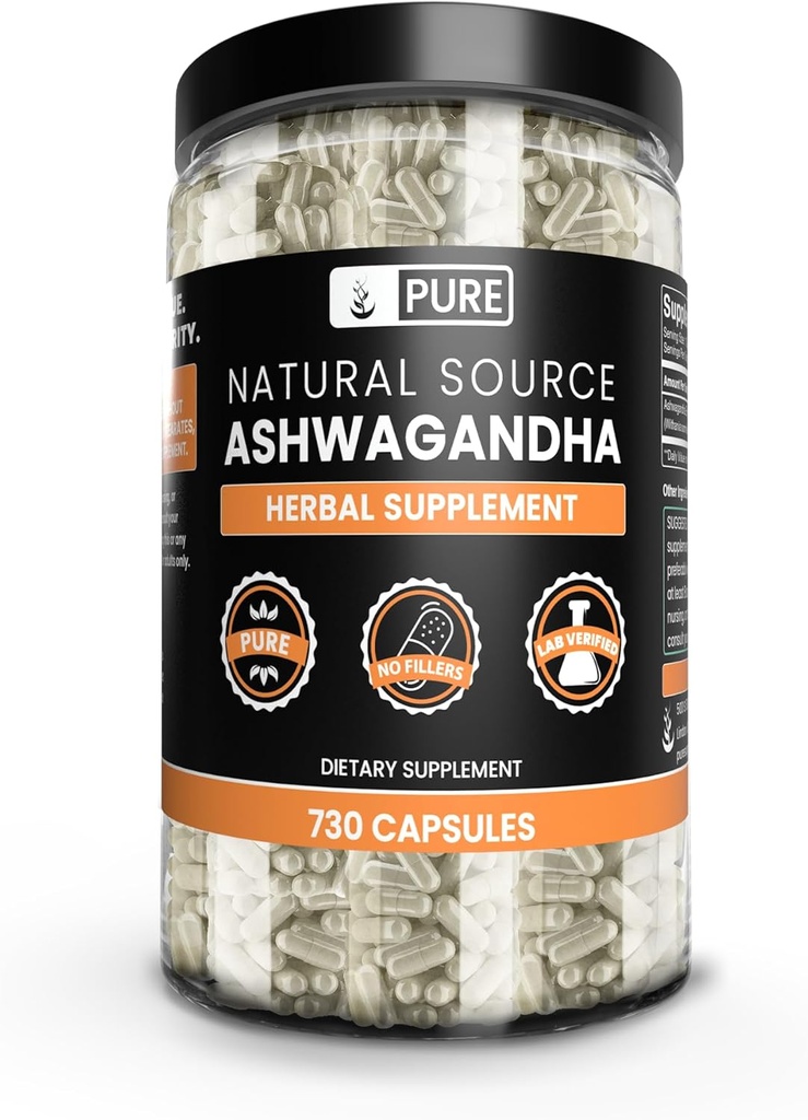 Ingredientes originales puros Ashwagandha (730 capsules) No hay magnesio o rifles de arroz, siempre puros, lab verificados