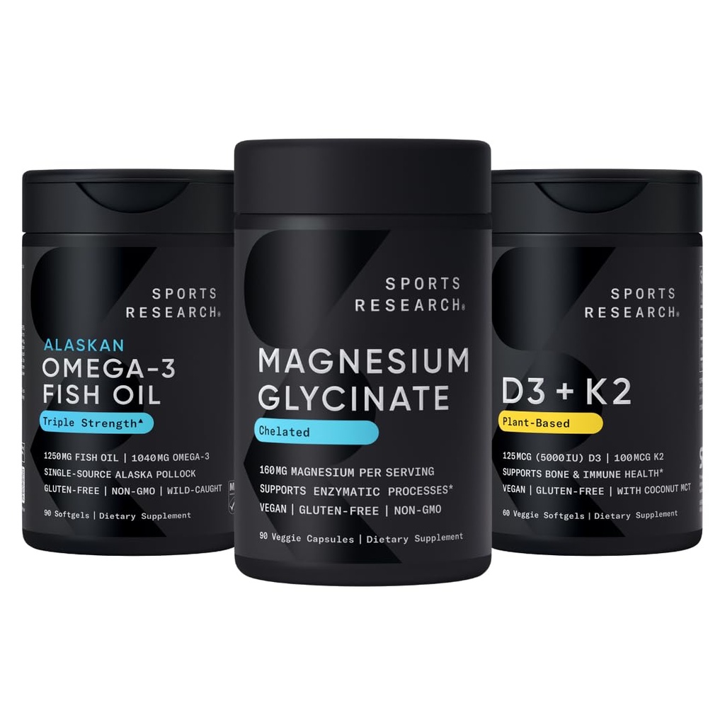 Sports Research® Multivitamins Pack - 160 mg Chelated Magnesium Glycinate + Triple Strength Omega-3 Fish Oil 1250 + Vegan Vitamin D 5000iu & Mk7 Vitamin K 100mcg