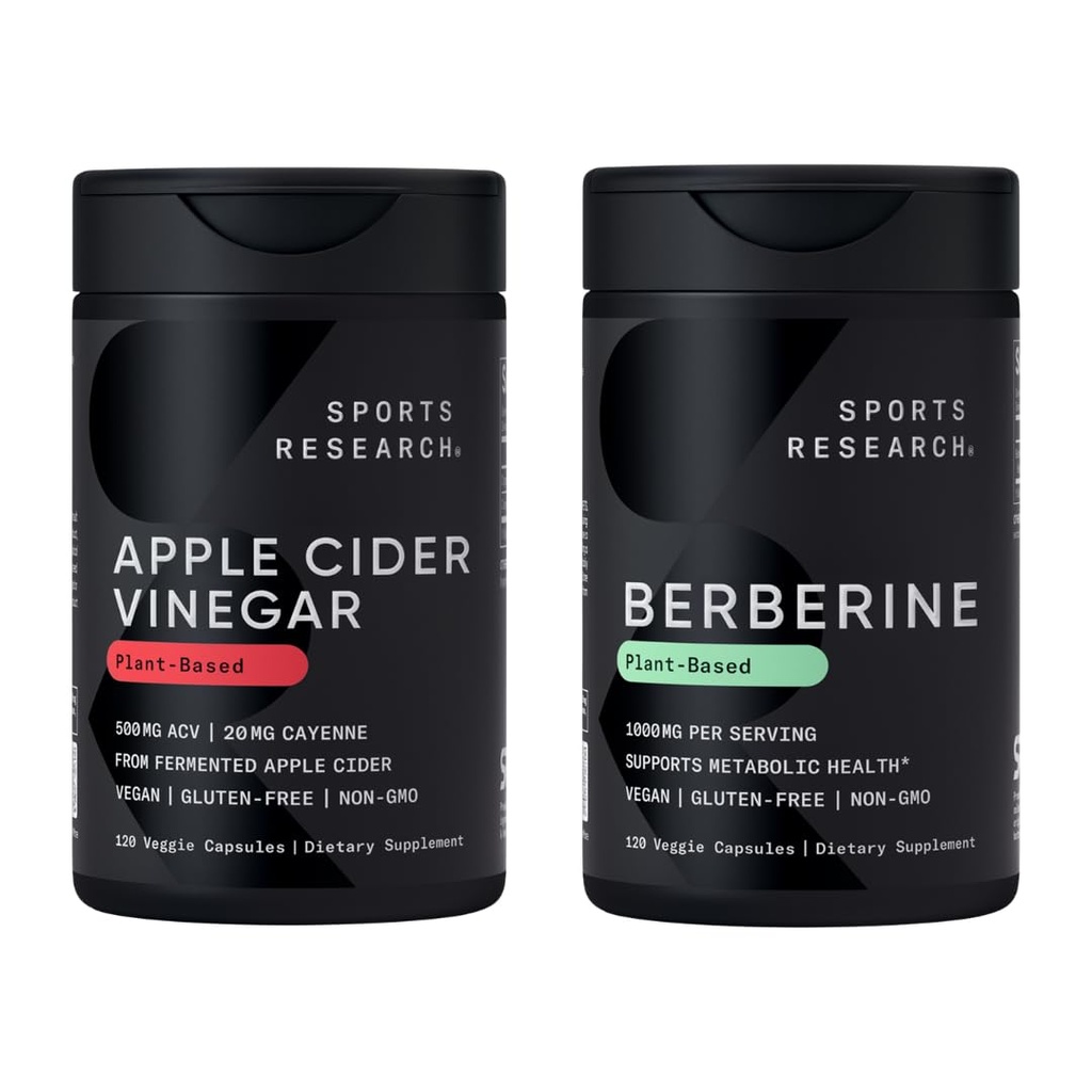 Sports Research Blood Control Pack - Organic Apple Cider Vinegar 500mg w/Cayenne Pepper + Berberine - Herbal Ayurvedic Metabolic Health Support