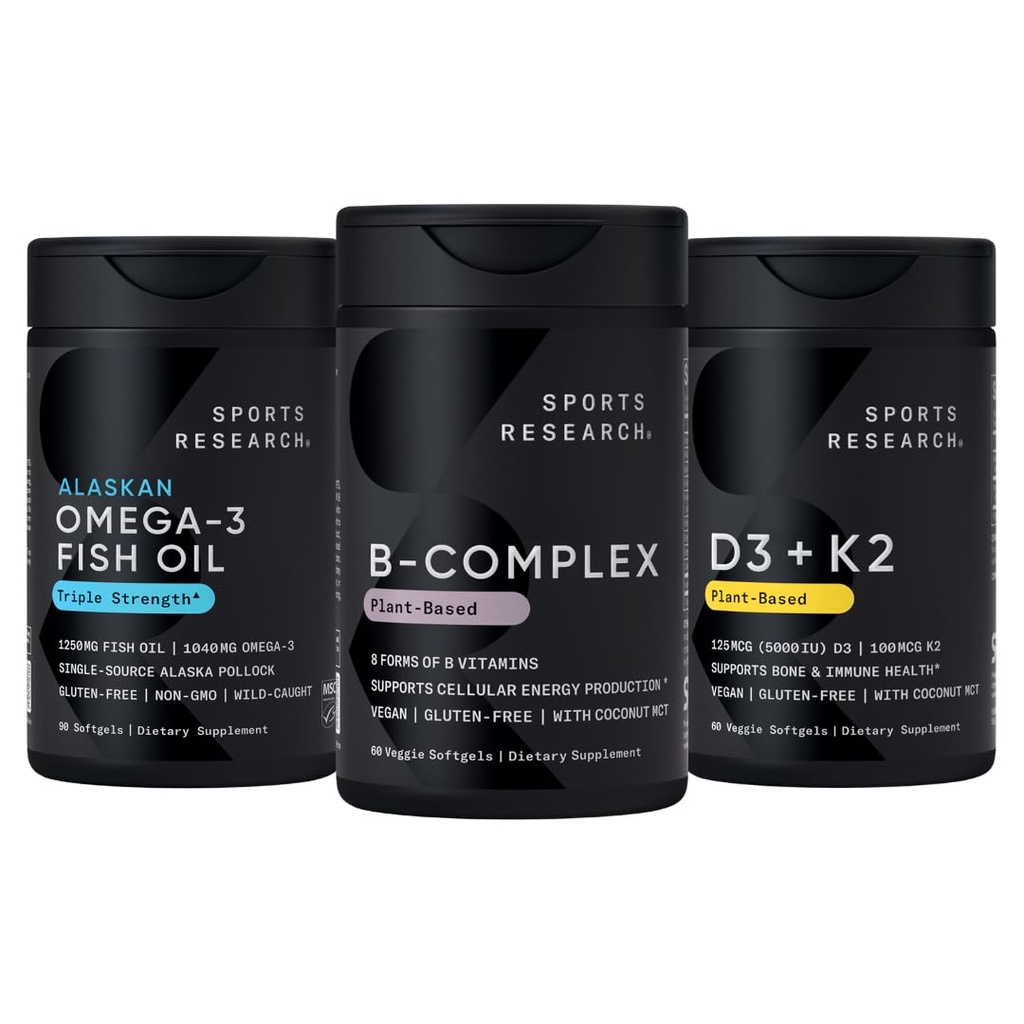 Sports Research Vitamin B-Complex - Full Spectrum of B Vitamins (Plant-Based Vegan-Friendly), Triple Strength Omega 3 Fish Oil & Plant Based Vitamin K2 MK7 + Vegan D3 5000iu