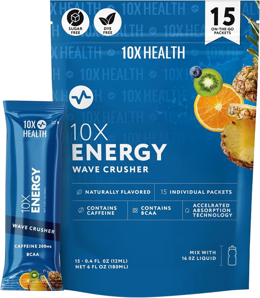 10X Health - Energy Wave Crusher - Energy Drink with 200mg Caffeine, BCAAs, B Vitamins, Acelerated Absorption - Tropical Punch Pre-Workout Drink - 15 Drink Mix Packets (Wave Crusher - Energy)