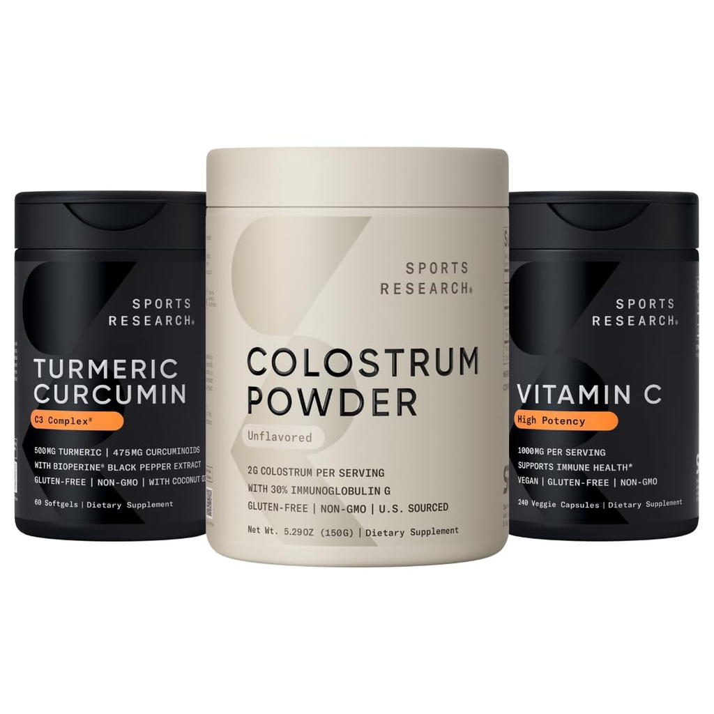 Sports Research High Potency Vegan Vitamin C Supplement for Antioxidant Activity, Turmeric Curcumin C3 Complex & Colostrum Powder - Nutrient Dense Superfood for Adults
