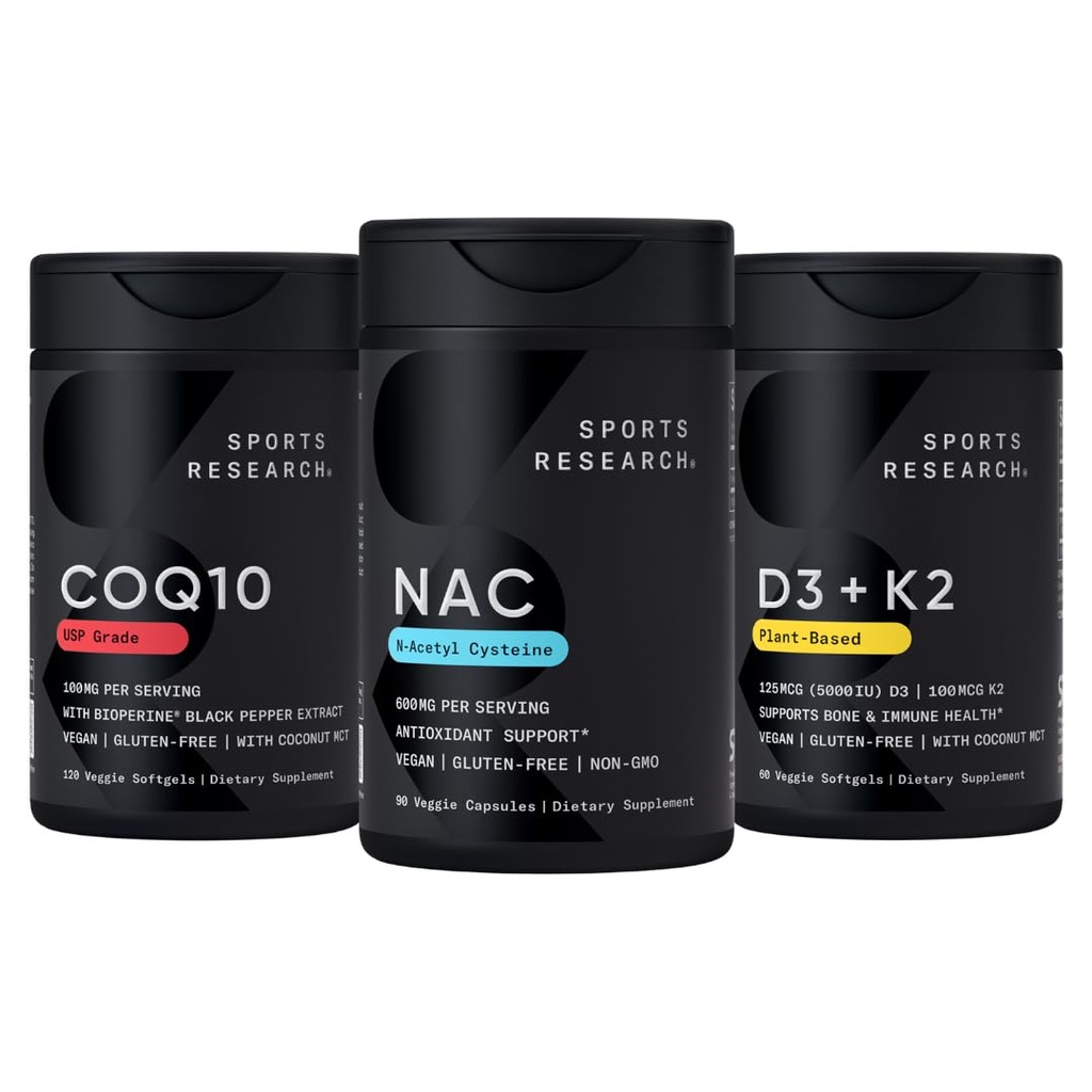 Sports Research® Antioxidant Support Pack - N-Acetyl L-Cysteine (NAC) 600mg, CoQ10 100mg Enhanced w/Coconut Oil & Bioperine, and Vegan Vitamin D3 5000iu & Mk7 Vitamin K2