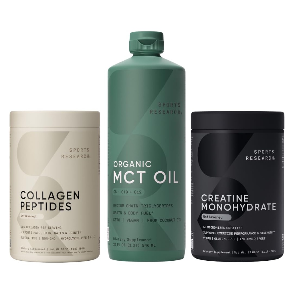 Sports Research® Supplements Pack - Organic MCT Oil C8, C10, C12 + Hydrolyzed Type 1 & 3 Collagen Powder Protein + Creatine Monohydrate