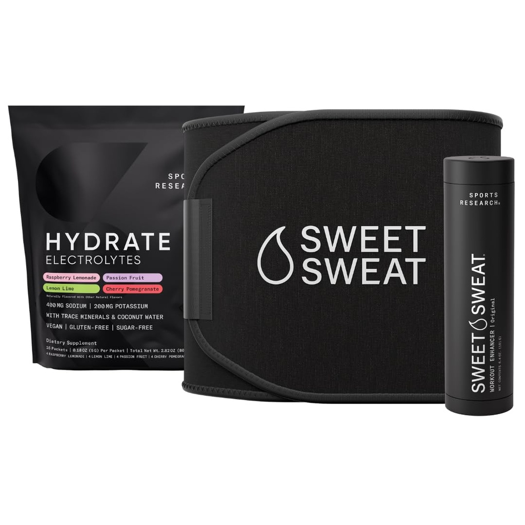 Sports Research Sweet Sweat Black Waist Trimmer 'Xtra-Coverage' Belt (Size - Large), Multi Flavor Hydrate Electrolytes (16x Pack) and Original Workout Enhancer Roll-On Gel Stick