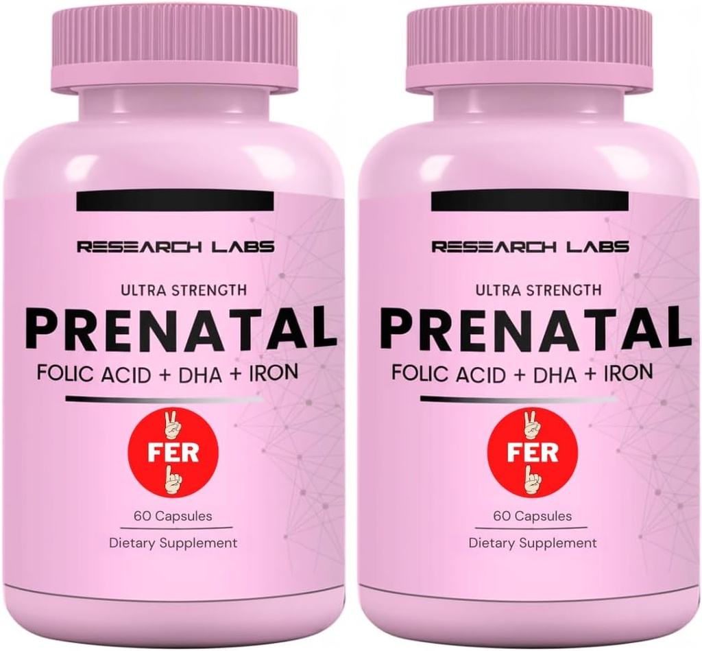 Laboratorios de Investigación Vitaminas Prenatales para Mujeres 2 Fer 1 Ad: 6X Más Bioavailable Folate Methylated Folic Acid MTHF 5 ← Apoya el Desarrollo Cerebral, Crecimiento Saludable