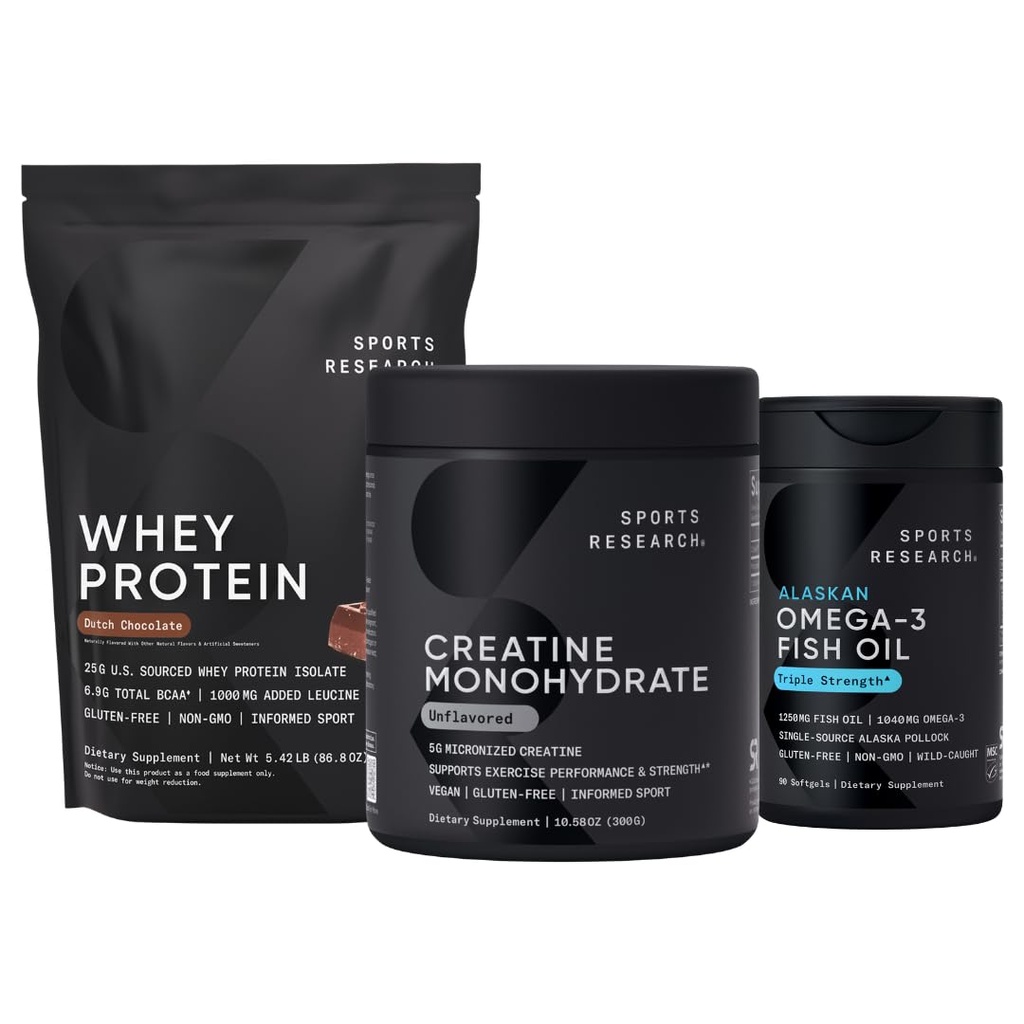 Sports Research® Whey Protein &amp; Creatine Monohydrate the Dynamic Duo for Lean Muscle Building, Performance, Strength &amp; Workout Recovery and Triple Strength Omega 3 Packed with EPA & DHA Fatty Acids