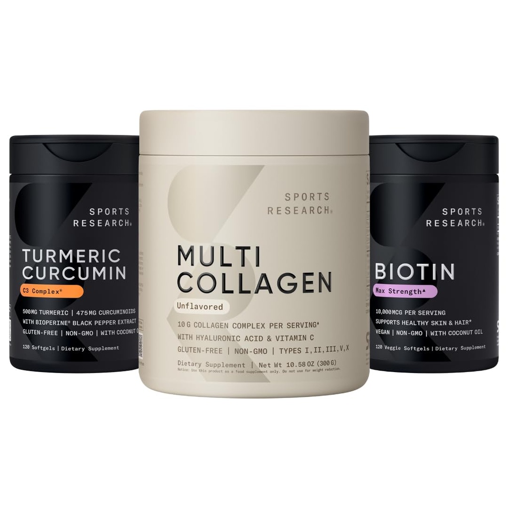 Sports Research® Joint and Bones Pack - Collagen Peptides with Hyaluronic Acid & Vitamin C + Turmeric Curcumin C3 Complex w/BioPerine Black Pepper Extract + Vitamin D3 + K2 w/Coconut Oil