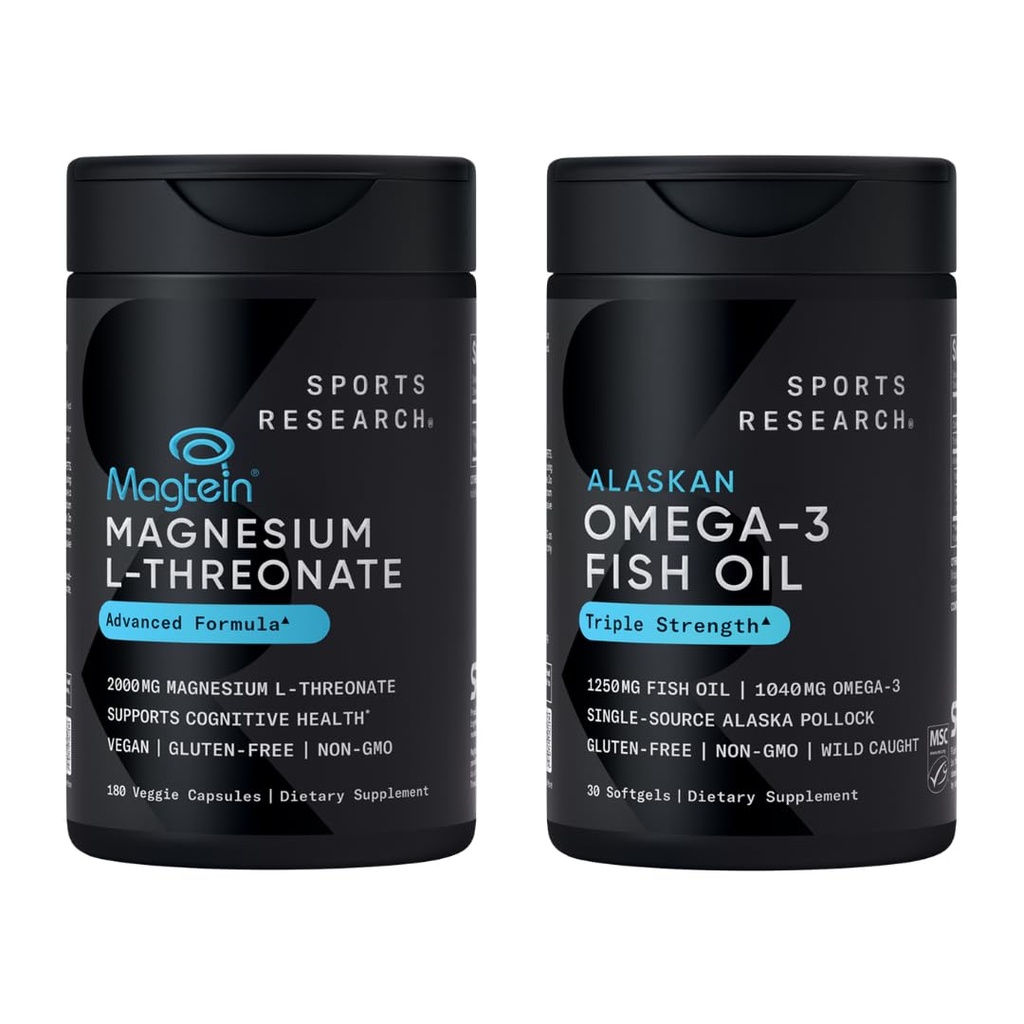 Sports Research Cognitive Health Pack Triple Strength Omega 3 Fish Oil w/EPA & DHA Fatty Acids from Wild Alaskan Pollock & Magtein Magnesium L-Threonate Supports Memory, Focus, Sleep & Mood