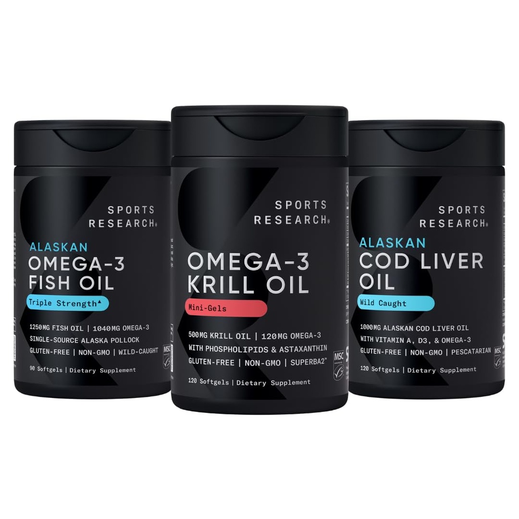 Sports Research Omega Power House Antarctic Krill & Fish Oil with Triple Strength EPA DHA and Phospholipids, Choline & Astaxanthin & Wild Alaskan Cod Liver Oil 1000mg with Vit. A (1000IU) & D3 (400IU)