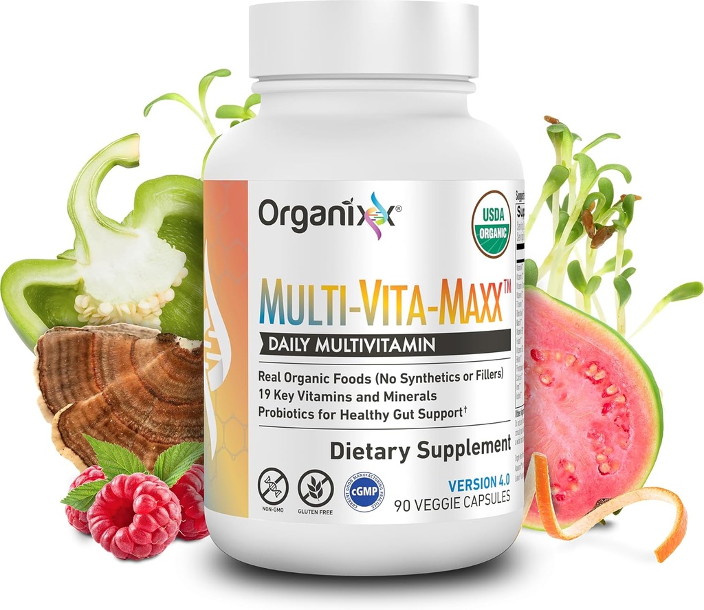 Organixx Vegan Multivitamin for Women ' Men, with Vitamin C, D3, Vitamin B Complex, Probiotics, Organic Fruits and Vegetables, Supports Digestive, Gut Health, Immune Support, 90 Gel Capsules