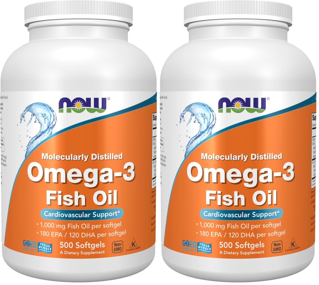 NOW Foods Supplements, Omega-3 180 EPA / 120 DHA, Molecularly Distilled, Cardiovascular Support*, 500 Softgels, (Pack of 2)