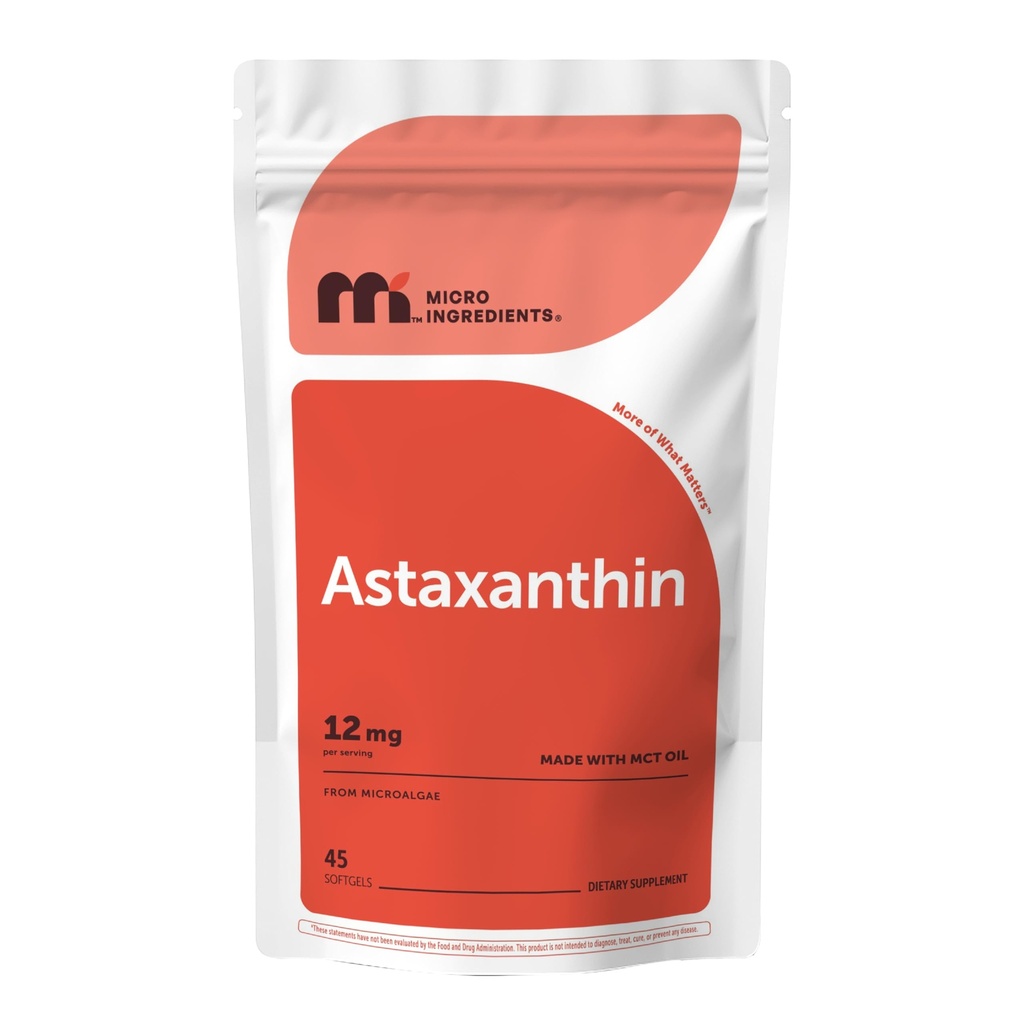 Micro Ingredients Astaxanthin 12mg with MCT Oil, 45 Softgels | Premium Astaxanthin Antioxidant Supplements* | Fresh Microalgae Source | Triple Strength, Non-GMO, Gluten Free, No Soy