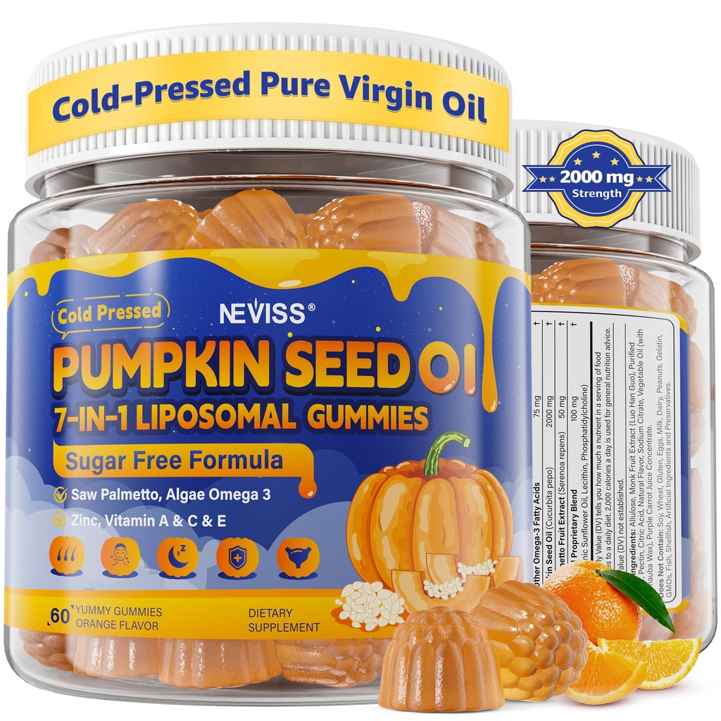Pumpkin Seed Oil Gummies + Saw Palmetto + Algae Omega-3, Zinc, VA, C & E - Cold-Pressed, Essential Fatty Acid | Pumpkin Seed Supplement for Hair Growth, Skin, Urinary, Bladder,Prostate & Immune,120Cts