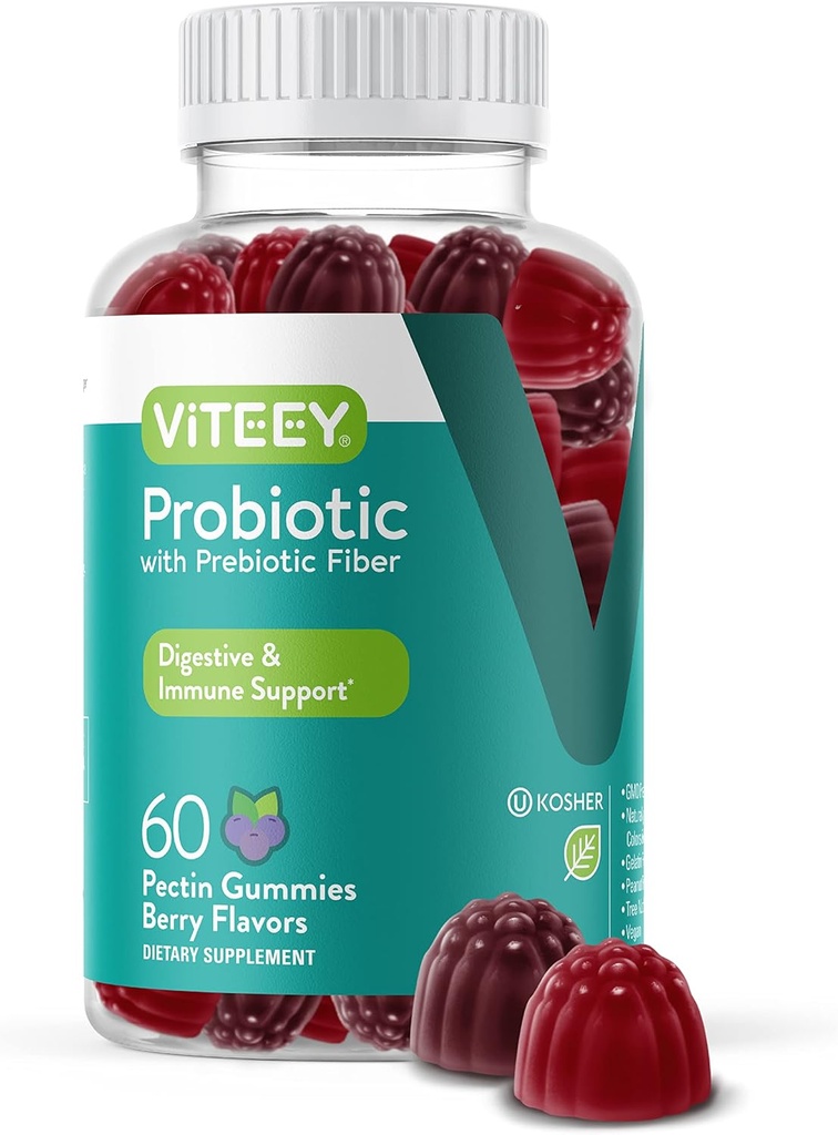 Viteey Probiotic Gummies with Prebiotics – Gut Health Supplements for Digestive Health – 2 Billion CFUs – Vegan, Gluten-Free – 60 Con
