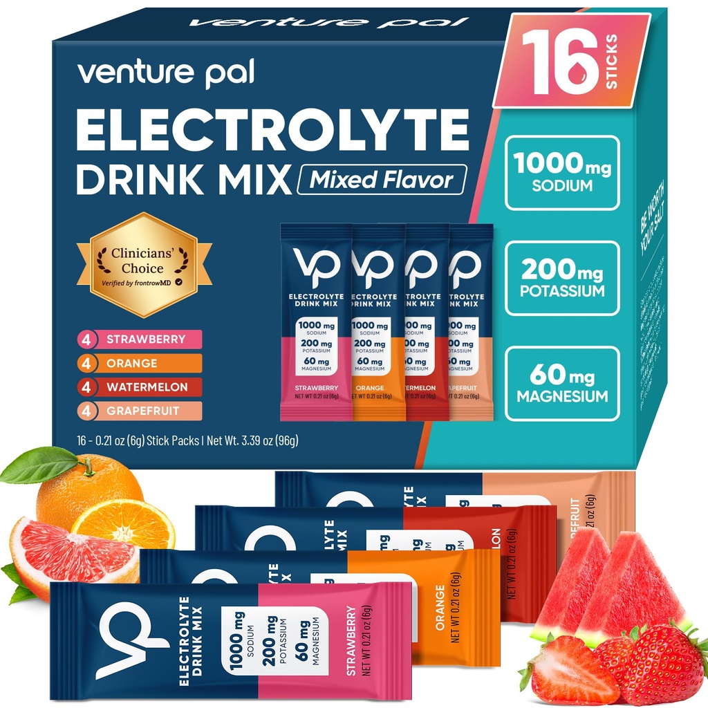 Venture Pal High Sodium Sugar Free Electrolytes Powder Packet - Hydration Packets with Vitamin, Sodium ' Potassium ← Zero Calories latitud Vegan, Keto & Paleo Friendly Electrolyte Drink Mix - 16 Sticks