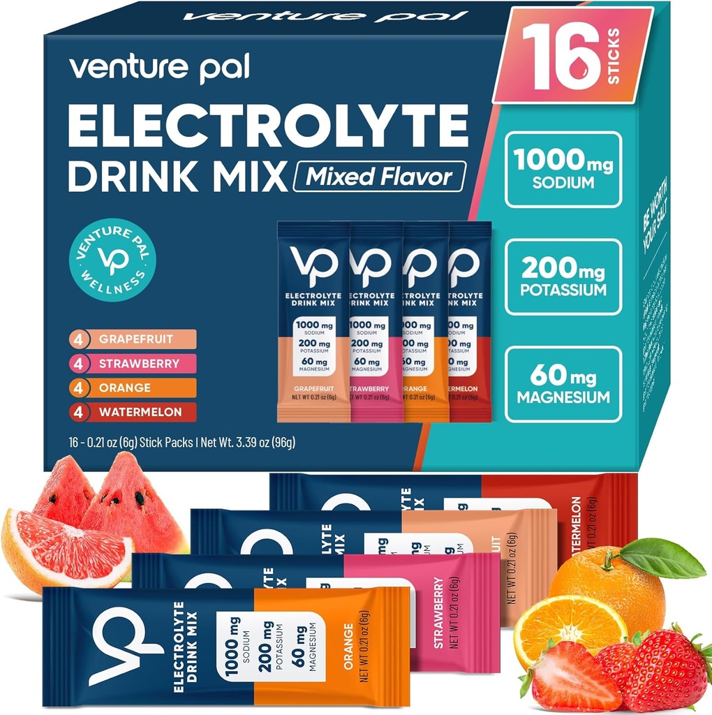 Venture Pal High Sodium Sugar Free Electrolytes Powder Packet - Hydration Packets with Vitamin, Sodium ' Potassium ← Zero Calories latitud Vegan, Keto & Paleo Friendly Electrolyte Drink Mix - 16 Sticks