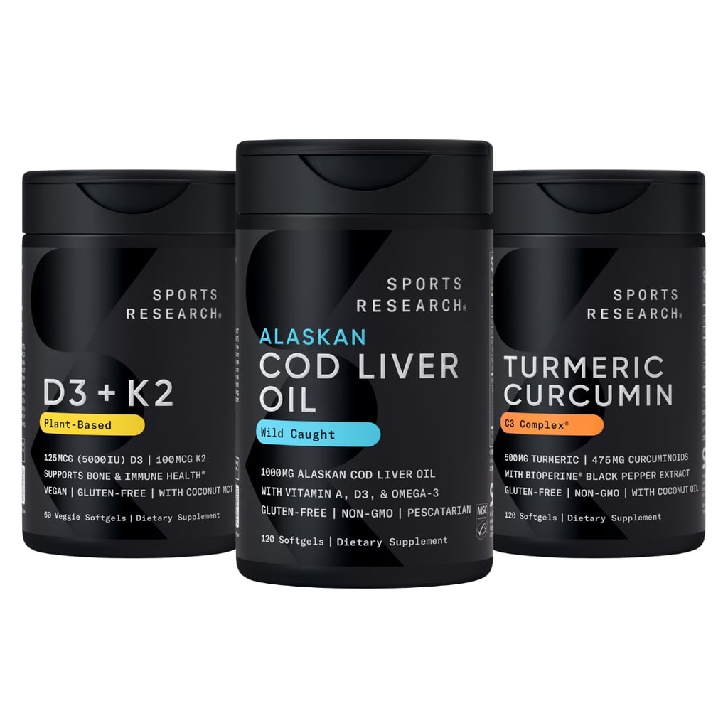 Sports Research® Multivitamins Pack - Omega-3 Wild Alaskan Cod Liver Oil 1000mg + Vitamin D 5000iu & Mk7 Vitamin K 100mcg + Turmeric Curcumin C3 Complex