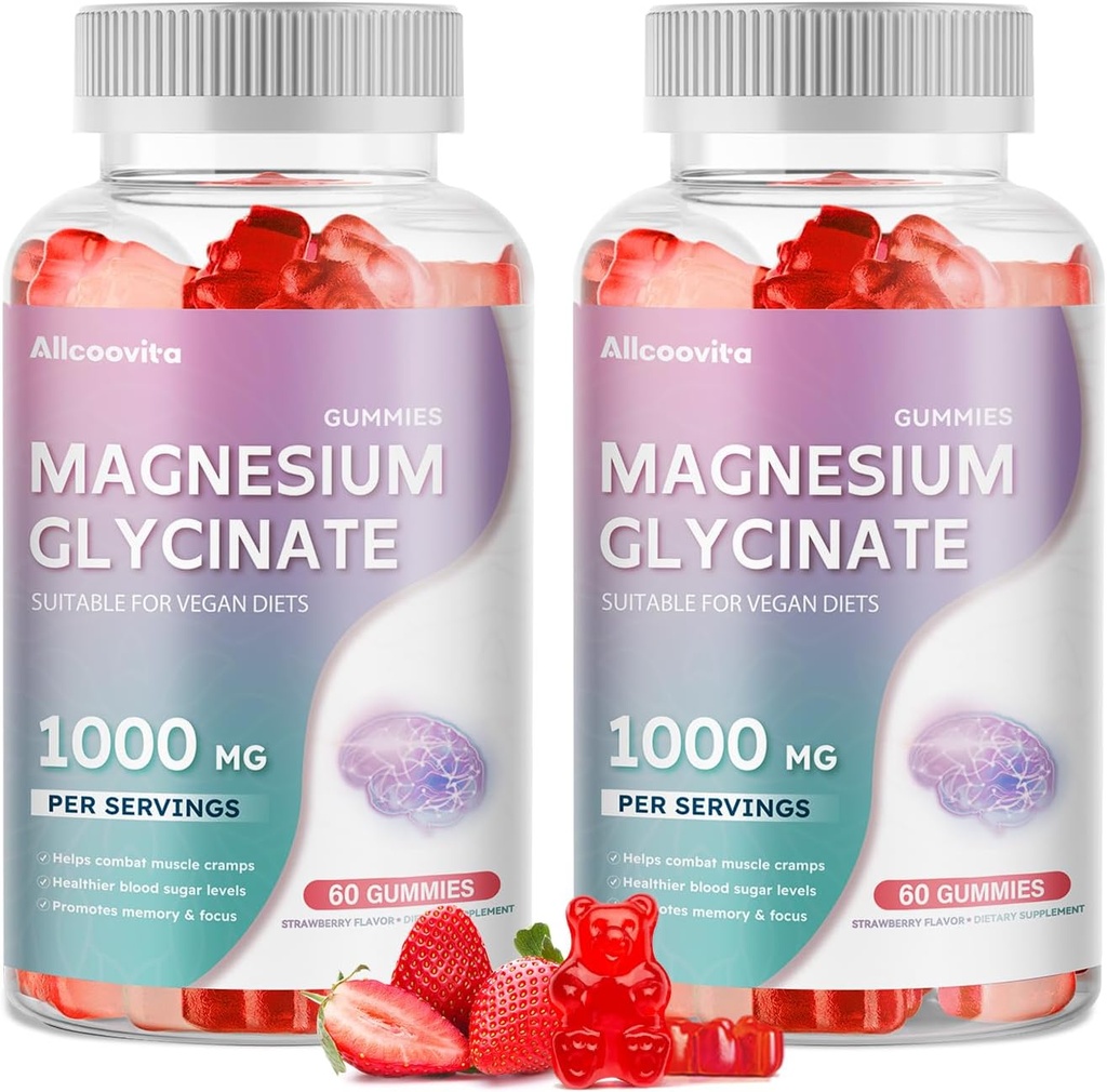 Magnesio Glycinate Gummies 1000mg - Suplemento de Potasio de Magnesio Libre de Azúcar con Vitamina D, B6, CoQ10 para calma Mood &amp; Sleep Support - 120 Strawberry Gummies