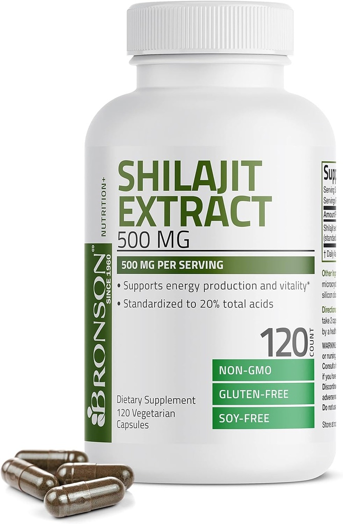 Bronson Shilajit Extract 500 MG Por Serving, Supports Energy Production & Vitality, Standardized to 20% Total Acids, Non-GMO, 120 Vegetarian Capsules