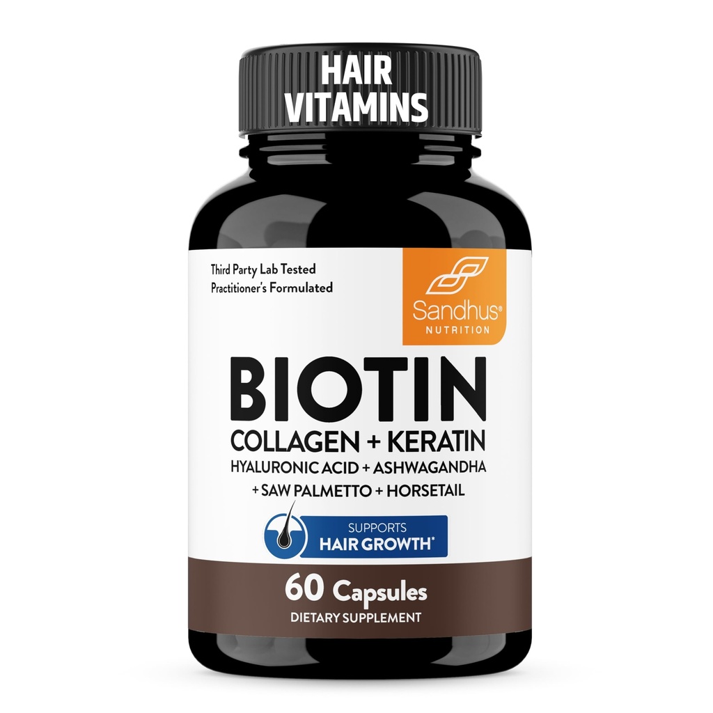 Sandhu's Biotin, Collagen & Keratin Complex | Supports Normal Hair Growth Cycle | Vitamins for Skin & Nails | Hair Supplements for Women & Men | Made in USA (60 Count (Pack of 1), #1 Hair Vitamins)