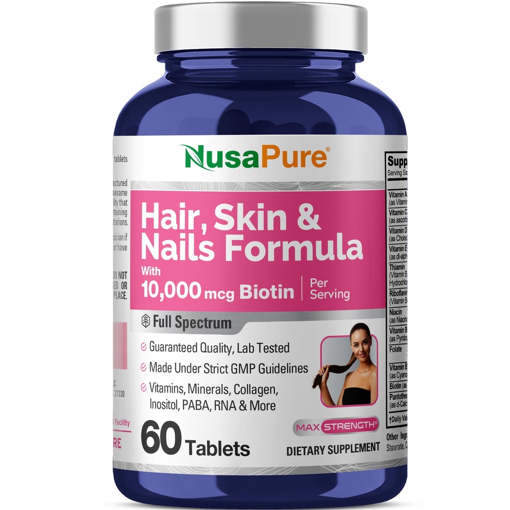 NusaPure Hair, Skin & Nails Formula with 10,000 mcg Biotin Per Serving 60 Tablets Vegetarian Non-GMO