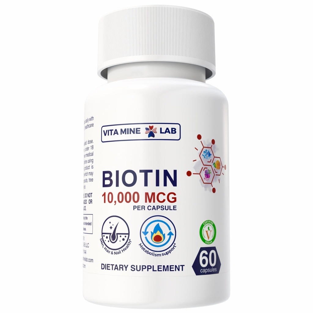 Biotin 10,000 mcg - Supports Healthy Hair, Skin & Nails, Gluten-Free, Halal, Vegan, Made in USA, 60 Capsules