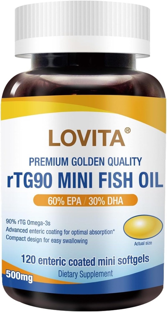 Lovita rTG 90 Mini Fish Oil, 2000mg Daily resist High Absorption rTG Form, 90% Omega-3 ← Burpless, Easy to Swallow TEN Support Healthy Heart, Brain and Eyes TEN 120 Enteric-Coated Softgels